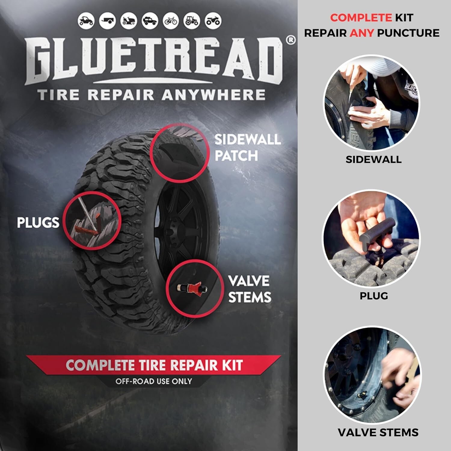 GlueTread Complete Off-Road Tire Repair Kit | Repair Any Kind of Tire Puncture