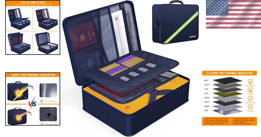 Fireproof Document Organizer - 5200°F, Waterproof, Secure Lock, Blue