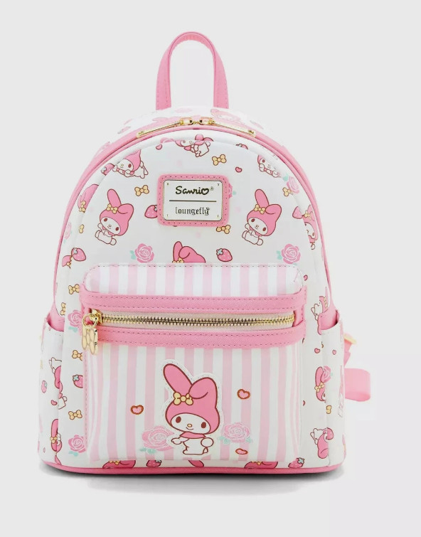 Loungefly Mini Backpack: MY MELODY All Over Print Stripes Pink White Hello Kitty