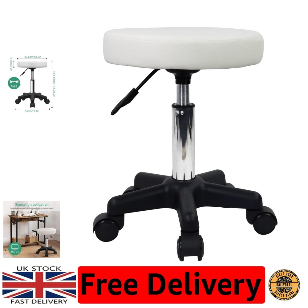 Versatile White Rolling Stool: Compact & Adjustable for Spa and Kitchen Use