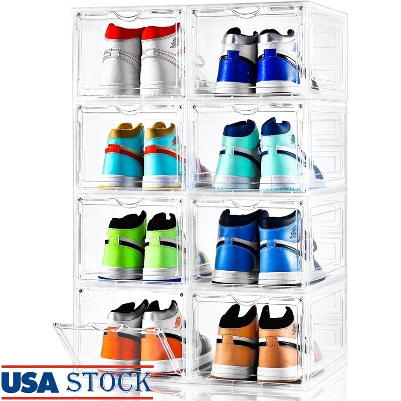 Clear Plastic Shoe Storage Box 8 Pack Stackable Organizer W/ Drop Front Design