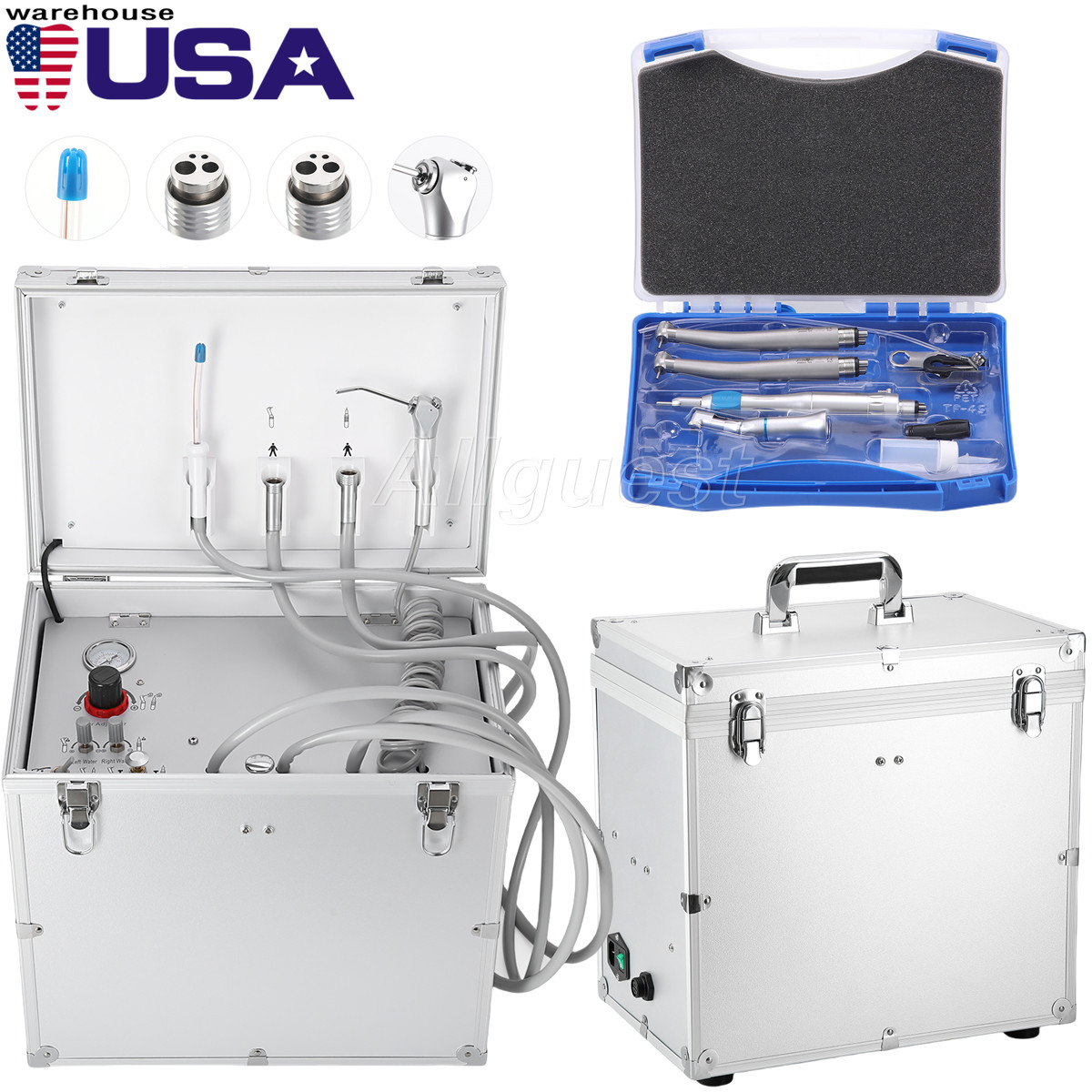 Portable Dental Mobile Delivery Unit Air Compressor Suction/Handpiece Kit 4 Hole
