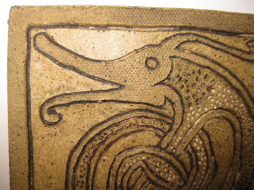 Rare mythical creature primitive earthenware tile incised sgraffito dragon 3 3/4