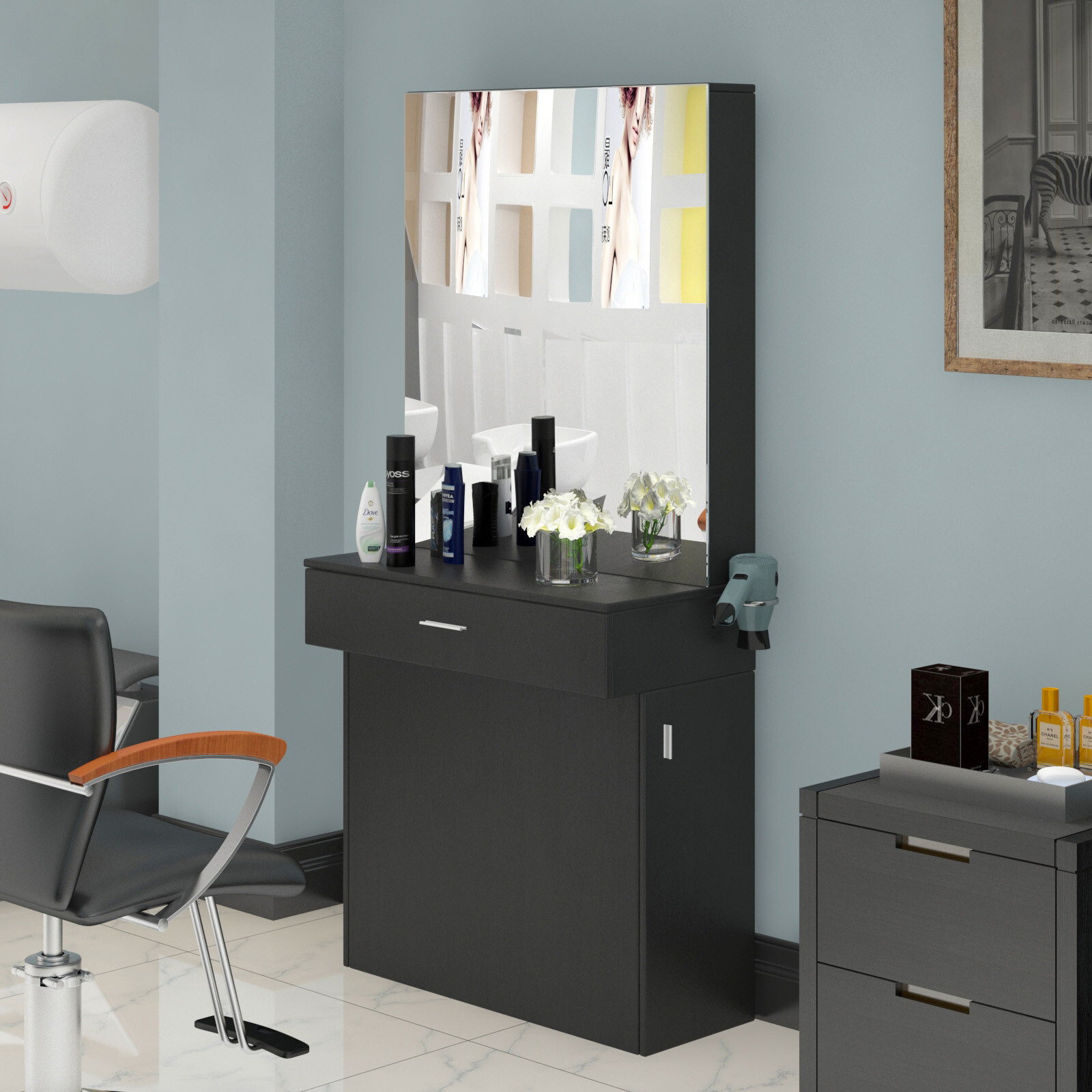 Black Wall Mount Barber Station W/Mirror Dressing Table Beauty Spa Salon Styling