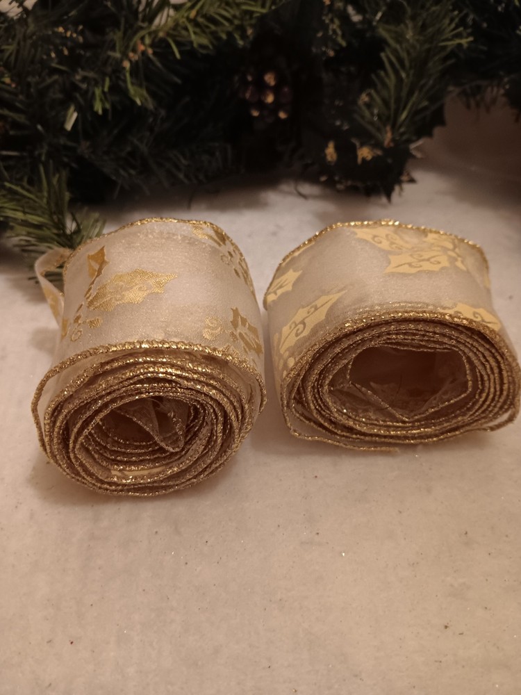 Christmas Tree Ribbin Wrap Gold And White 2 Small Rolls.
