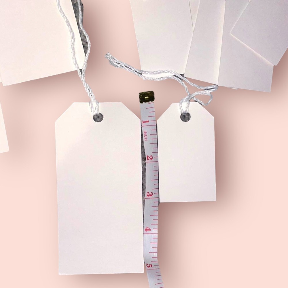 23 white string tie on rectangular card stock strung tags in 2 sizes 3” 5”