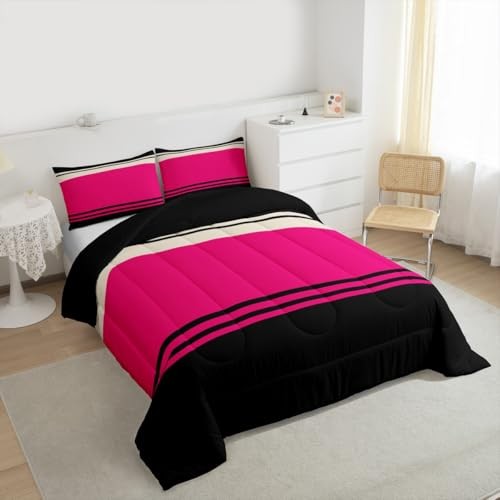 Patchwork Striped Comforter Set Hot Pink Black Stripes Bedding Queen Pattern 04