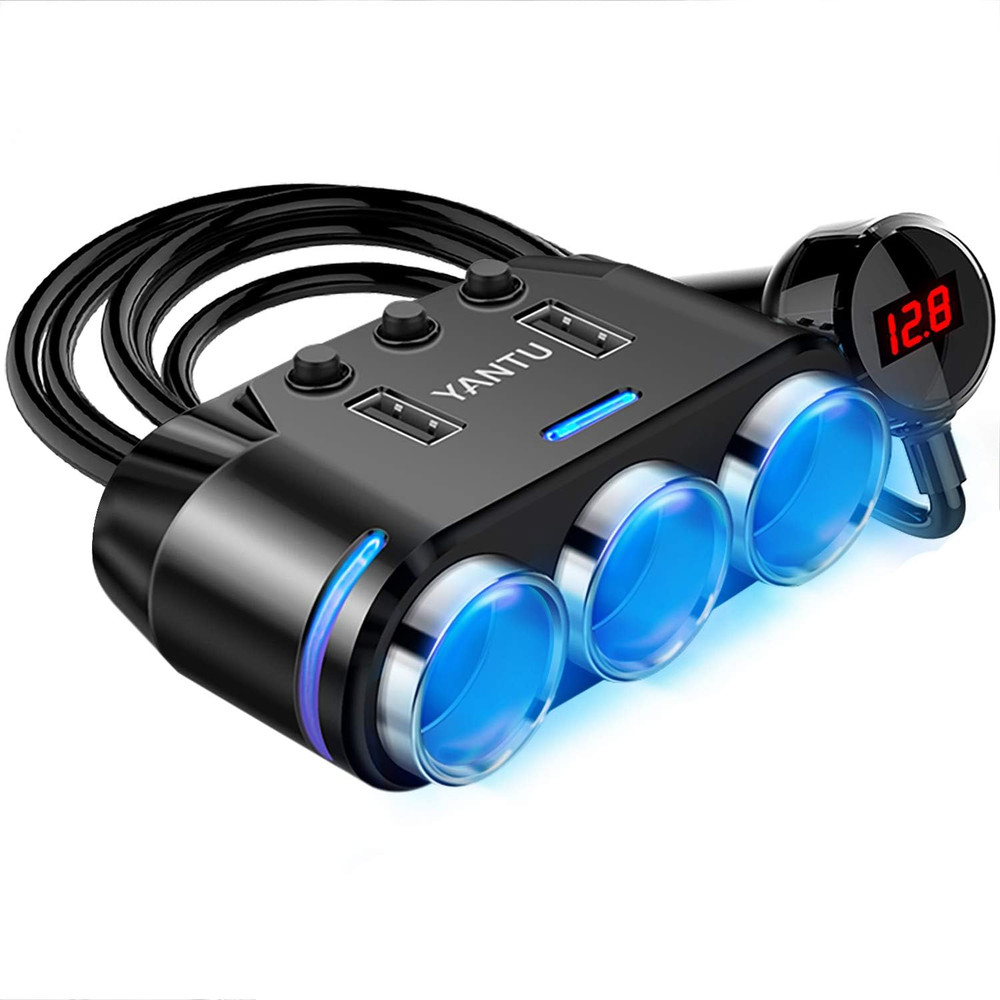 Cigarette Lighter Adapter & Splitter with 150W 3-Sockets & LED Ambient Lighting,