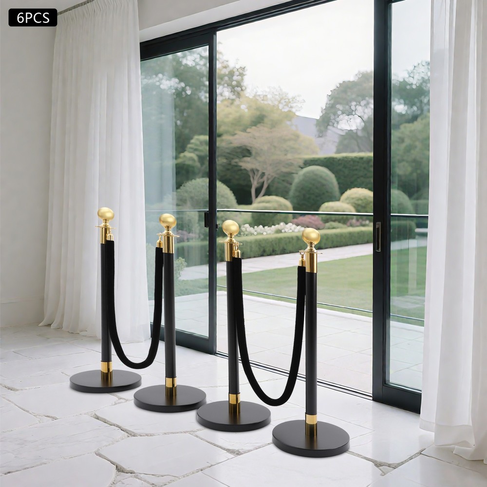 6 PCS Black Stainless Stanchion Posts w/ 4 Ropes Crowd Control Queue Barrier