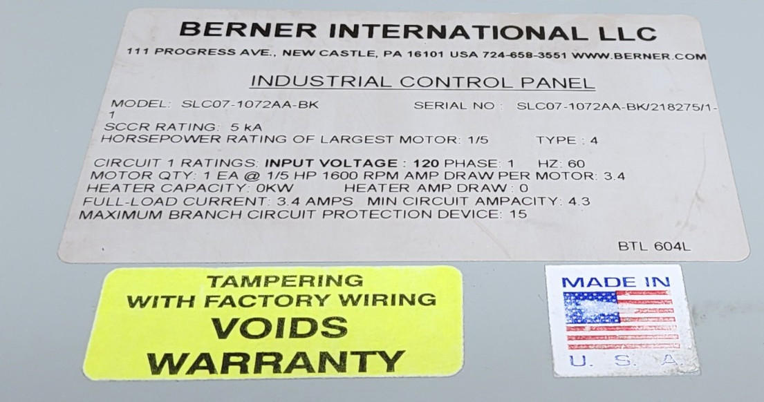 Berner International Enclosed Industrial Control Panel SLC07-1072AA-BK *PI