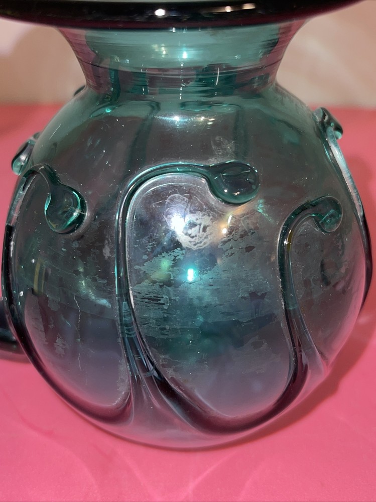 Hand Blown Blue Glass Pitcher Wave Pattern 5”