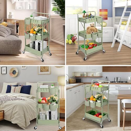 Foldable 3 Tier Metal Utility Rolling Cart Folding Mobile Multifunction Storage