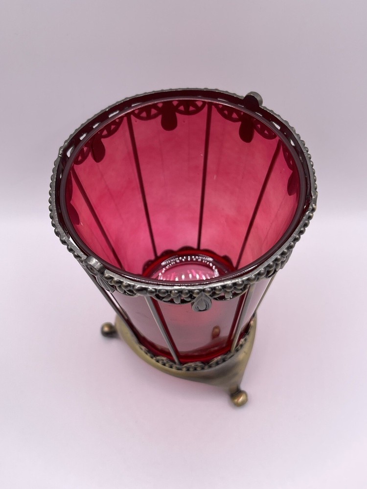 Vintage Elegant Silver-Metal Wire Cup Red Glass Votive Holder Goth Decor ****