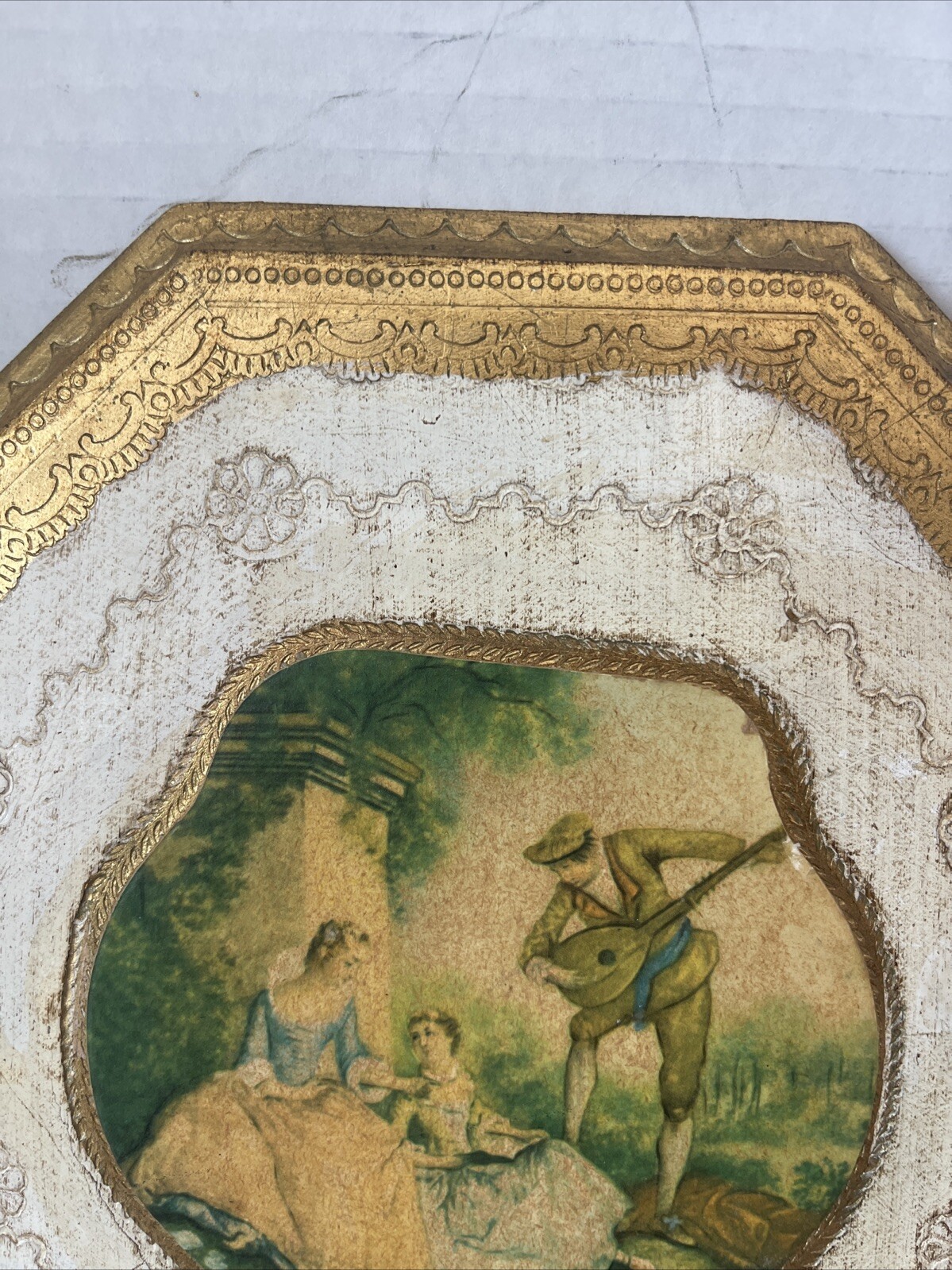 Antiqued Florentine Plaque Wood Artisan Gold Gilt Italy Romantic Octagon 8”