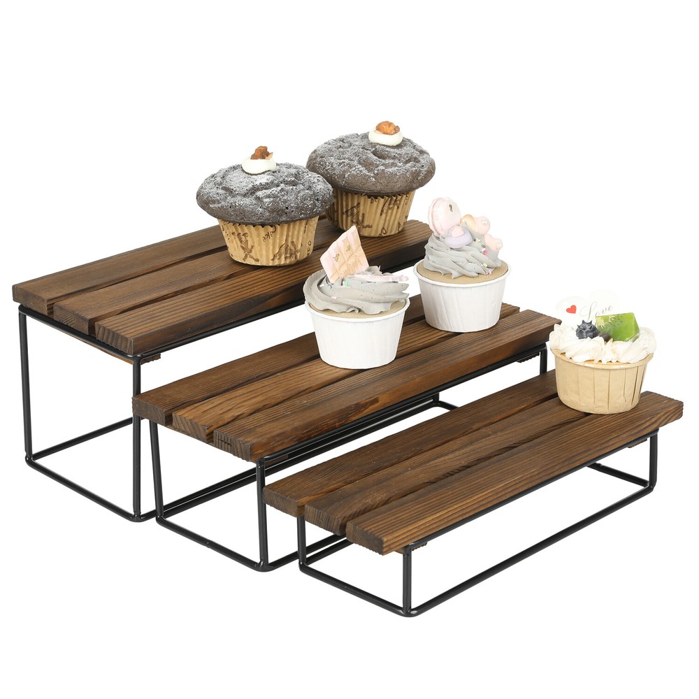 Burnt Solid Wood & Black Metal Wire 3 Tiered Dessert Display Riser Cupcake Stand