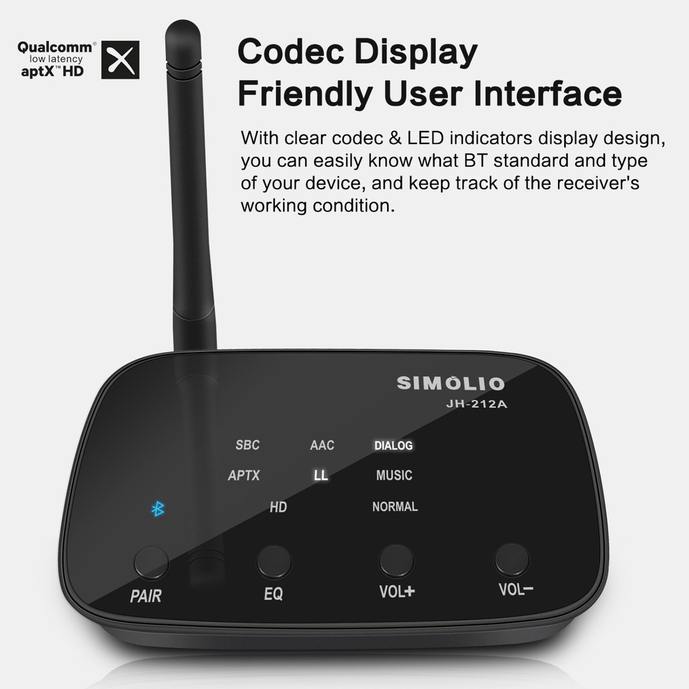 SIMOLIO Long Range HD Bluetooth Receiver with EQ (Music/Dialogue) & BT Codec