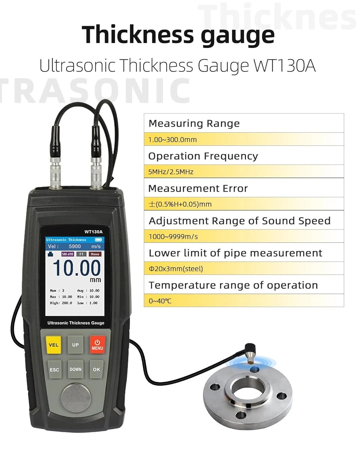 Digital Ultrasonic Thickness Gauge Tester 0.039 to 11.81 in For Metal Cast Iron