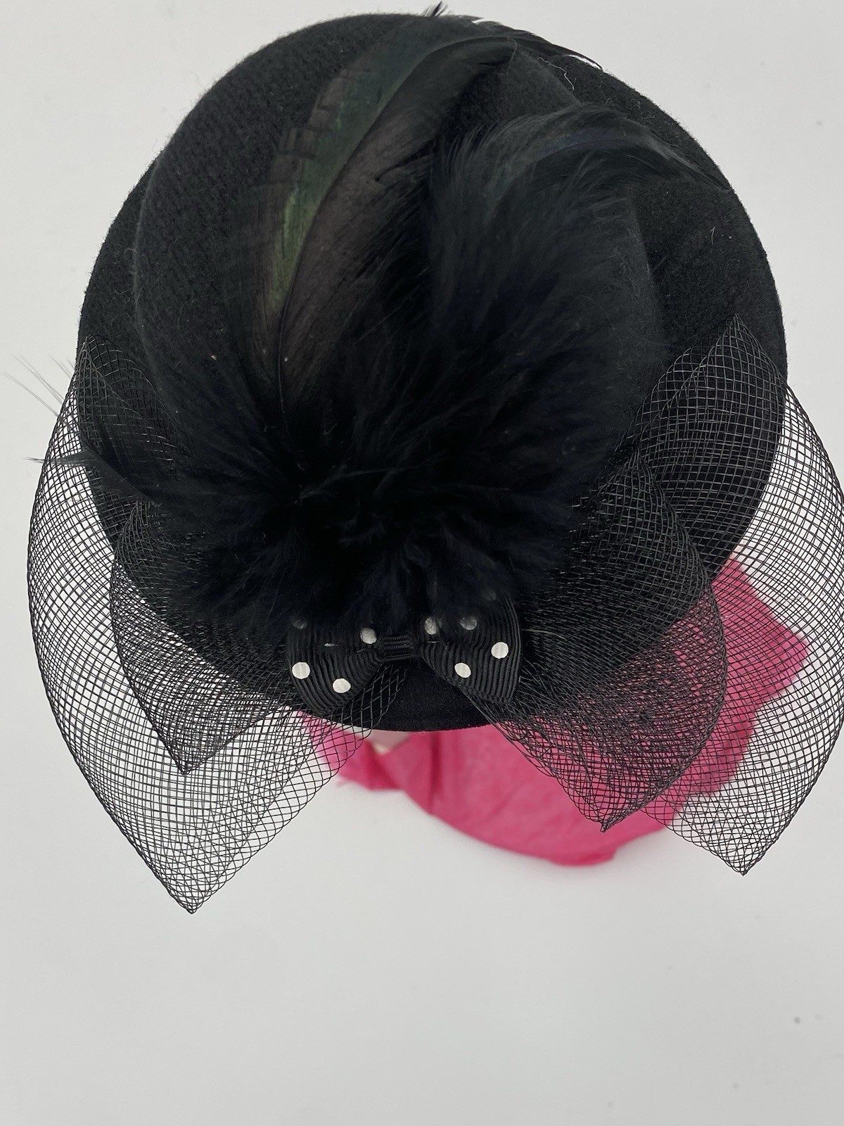 FASCINATOR Black VELVET Hat W/NETTING & FEATHER Party KENTUCKY DURBY