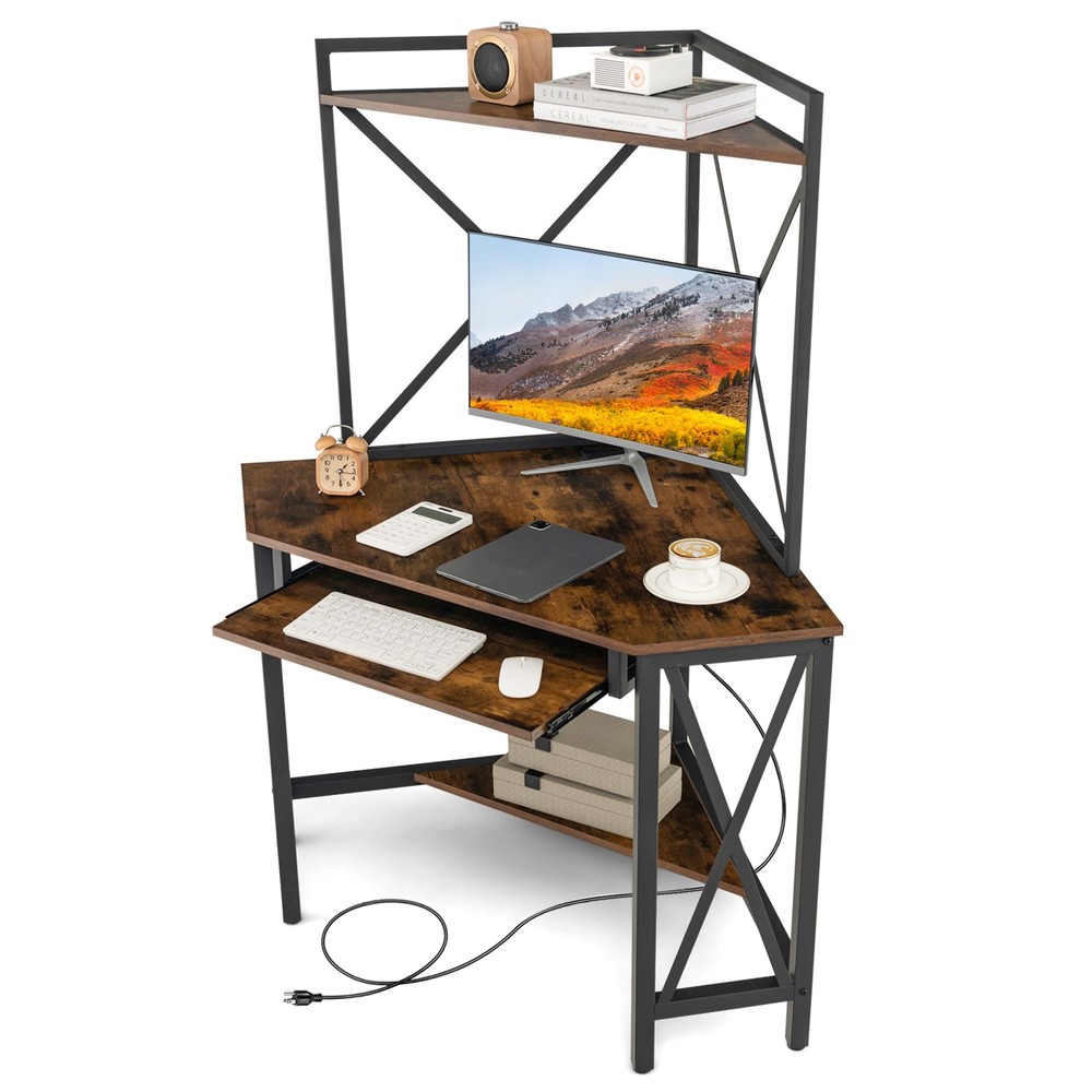 Corner Desk Space-Saving Computer Desk with Shelves & Keyboard Tray Rustic Brown