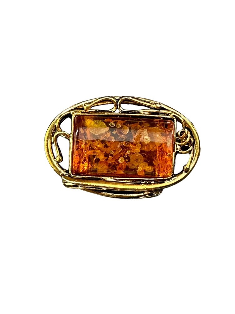 Gold Tone Rectangular Amber Lucite Free Form Statement Scarf Pin Brooch