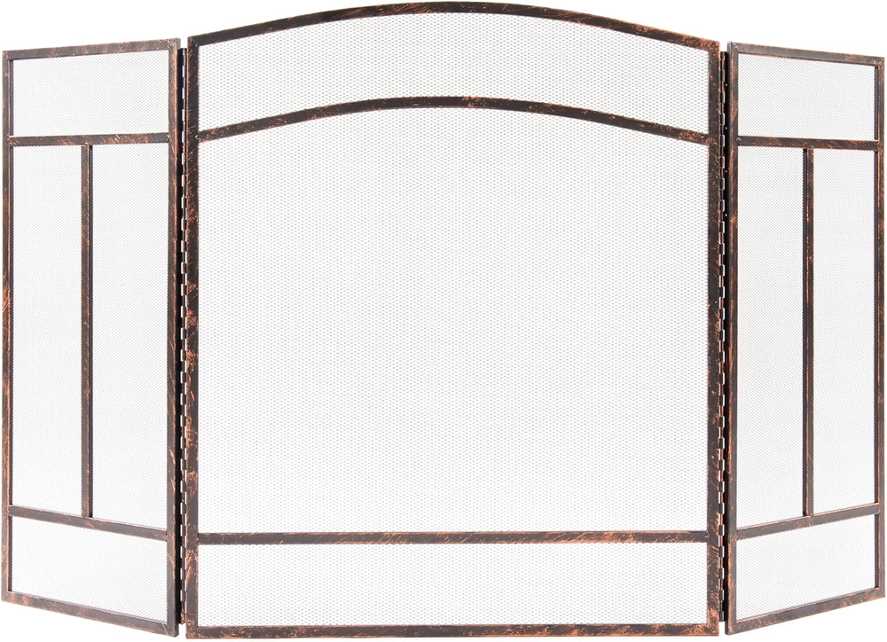 Wrought Iron 3 Panel Fireplace Screen 48" x 29" Spark Guard Brushed Copper
