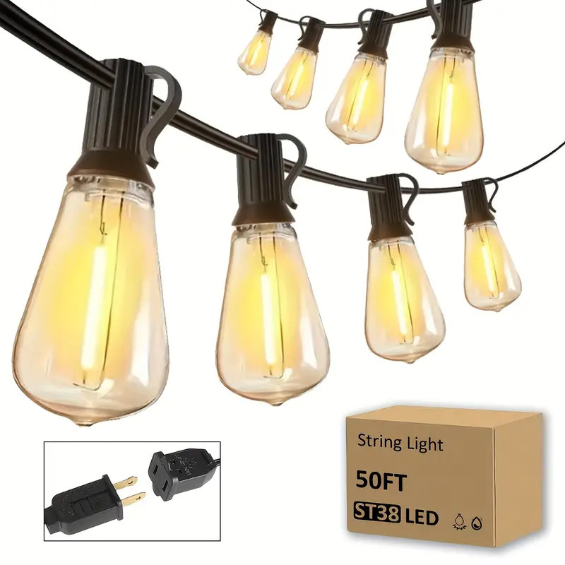 50 FT Outdoor String Lights Water Resistant ST38 LED Connectable Patio Lights