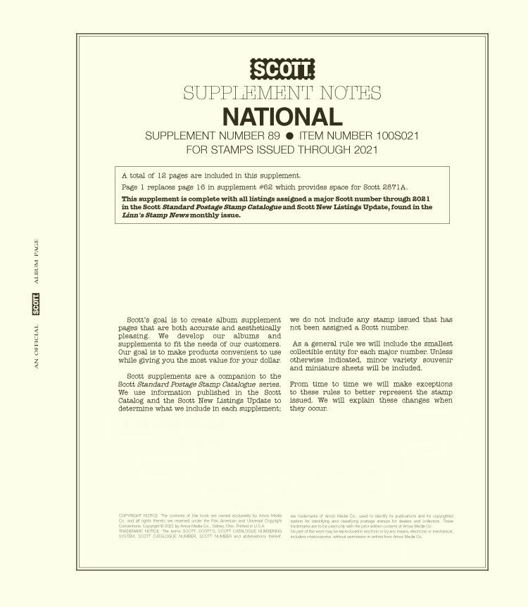 2021 Scott U.S. National Stamp Supplement Notes Album Pages #89 - Item #100S021