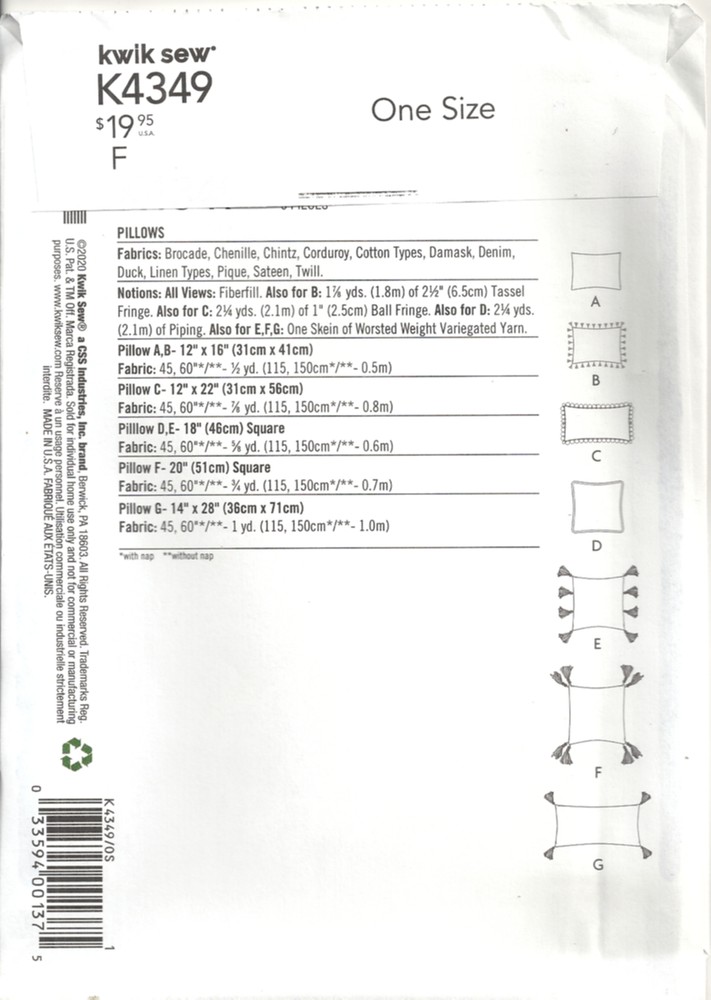 KWIK SEW K4349 PILLOWS SEWING PATTERN ©2020