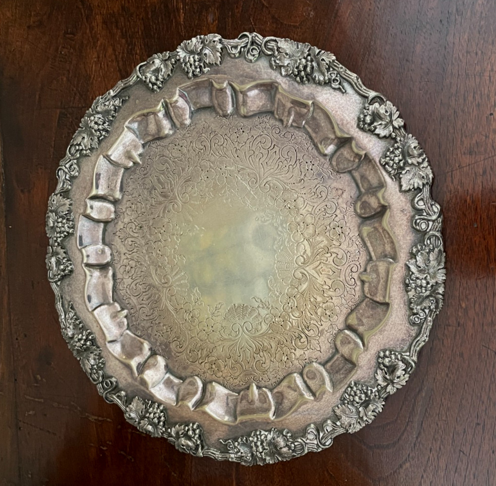 Vintage Barbour International Silver Plate 9" Serving Plate w/Grape Leaf Border