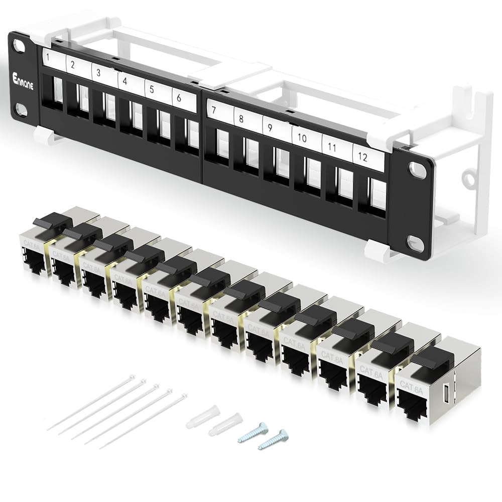 Enmane 12 Port Patch Panel CAT6a Patch Panel (EC Listed) Wall Mount 10 Inch Brac