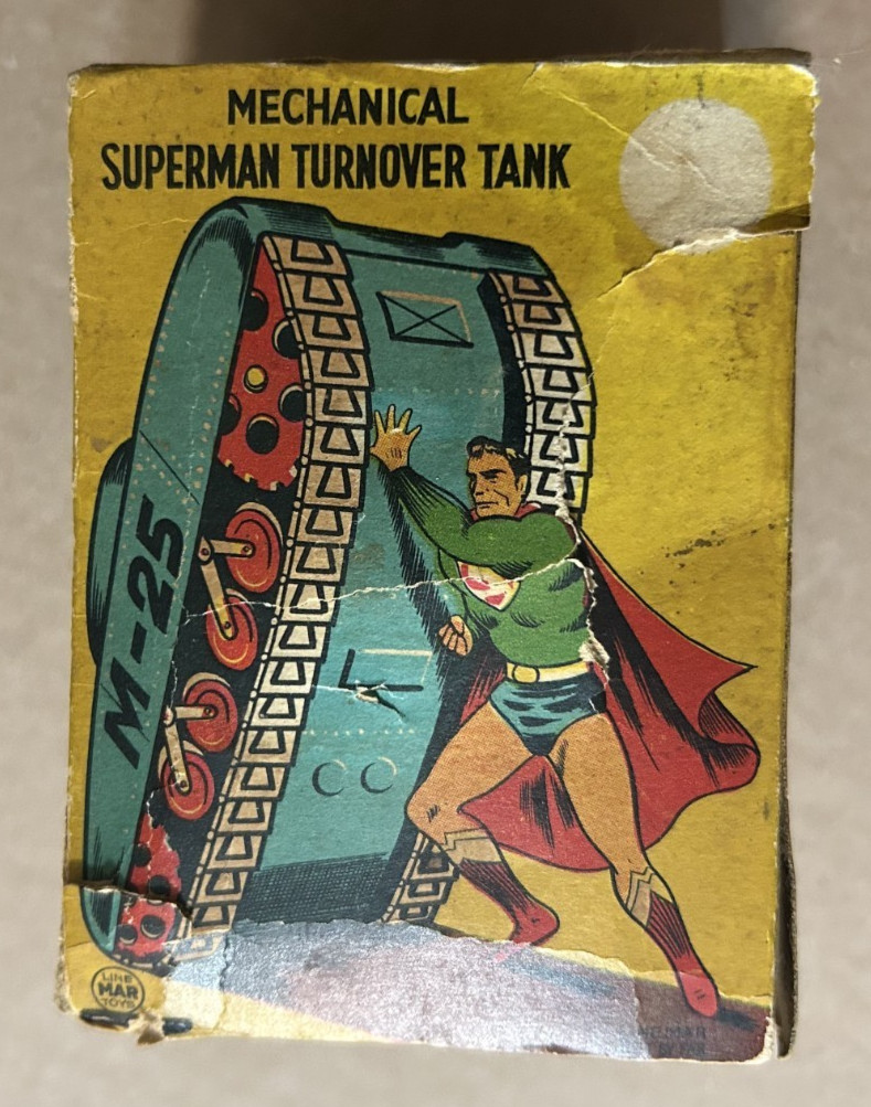 1950's Mechanical SUPERMAN TURNOVER TANK Linemar Tin Wind-Up w ORIGINAL BOX RARE