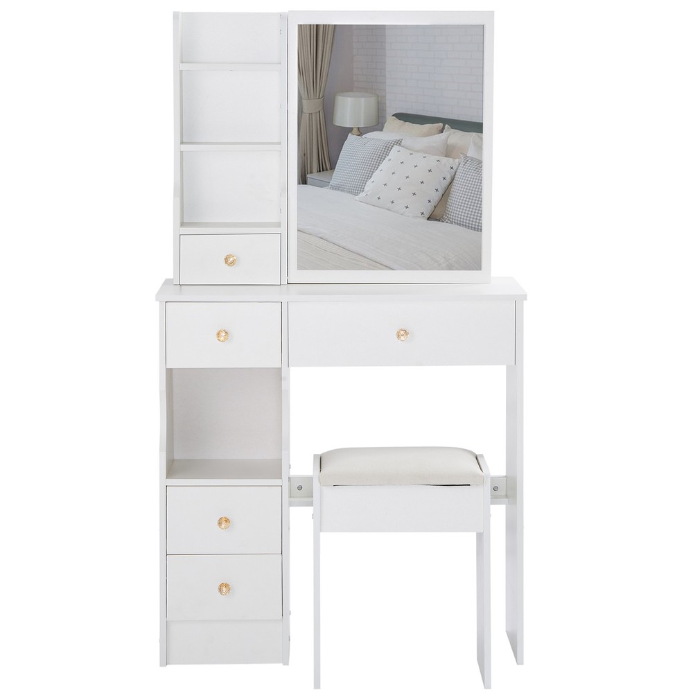 29.2" Small Space Left Drawer Desktop Vanity Table + Cushioned Stool, Extra La