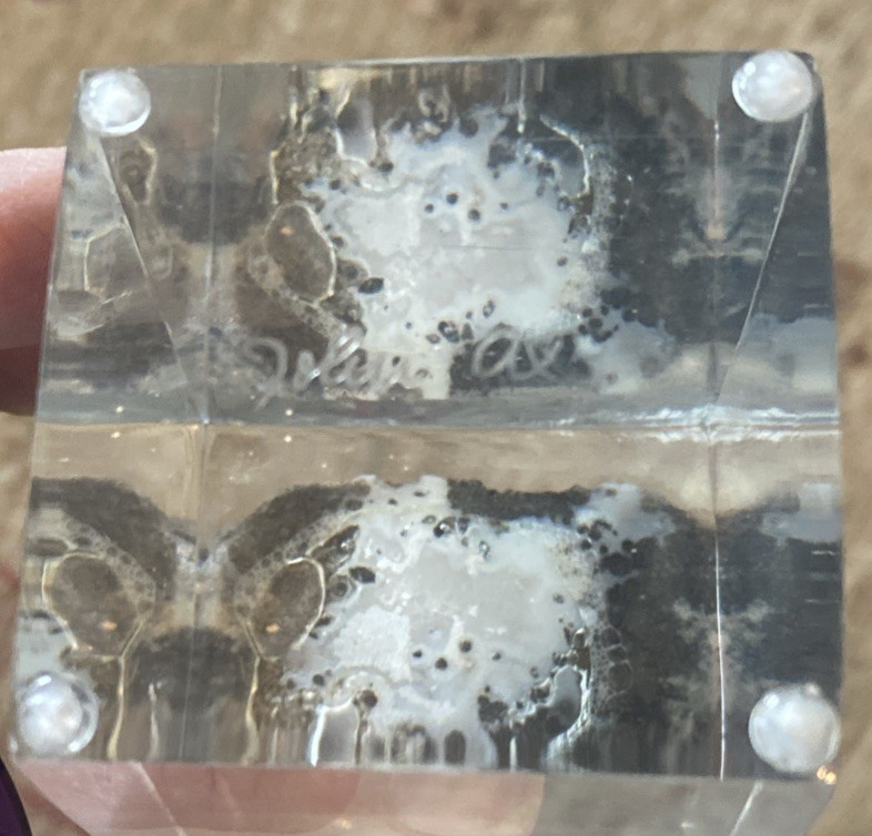 Split Geode on Lucite Cube 6.5”H x 3”W x 2.5”D