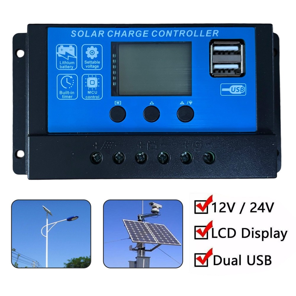 30A PWM Solar Panel Charge Controller 12/24V Auto LCD Display Dual USB Timer Set
