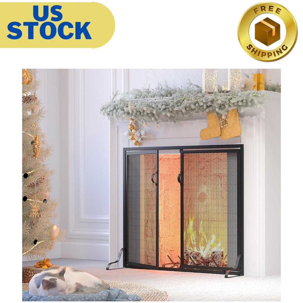Fireplace Screen with Magnetic Doors, 2-Pannel Handcrafted Solid Wrought