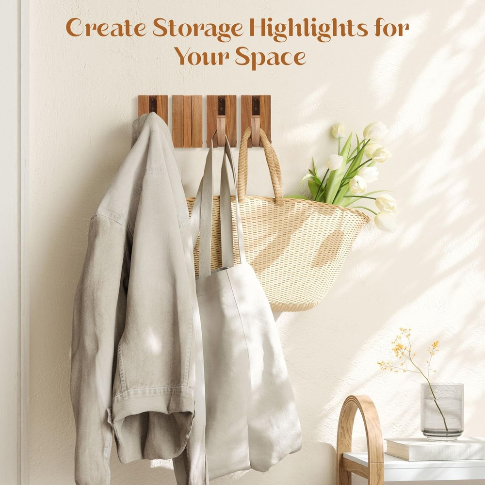 Stylish Wall-Mounted Coat & Hat Hooks with Key Holder – Rustic Solid Wood, Sp...
