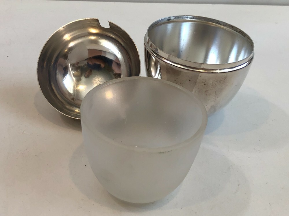 Vintage Kent Silversmiths Sheffield Glass insert Egg Shaped Footed Bowl w/Lid