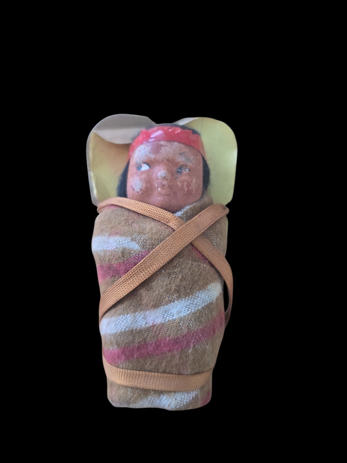 VTG Native American Papoose 3.5" Baby With Brown Blanket on Painted Cradlebaord