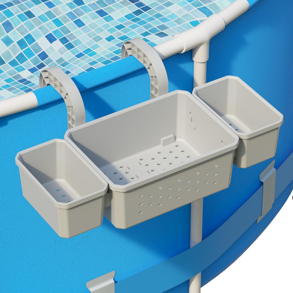 Poolside Storage Basket with 2 Cup Holders, Stretchable above Ground Pool Access