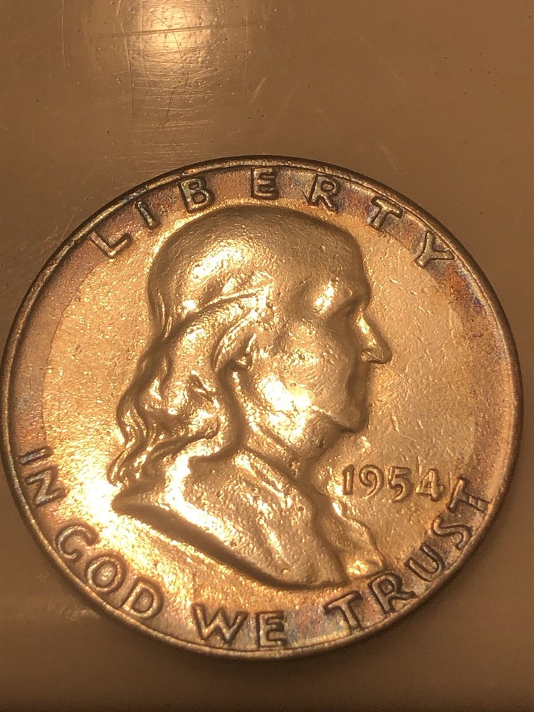 1954 D franklin half dollar Rainbow Toned
