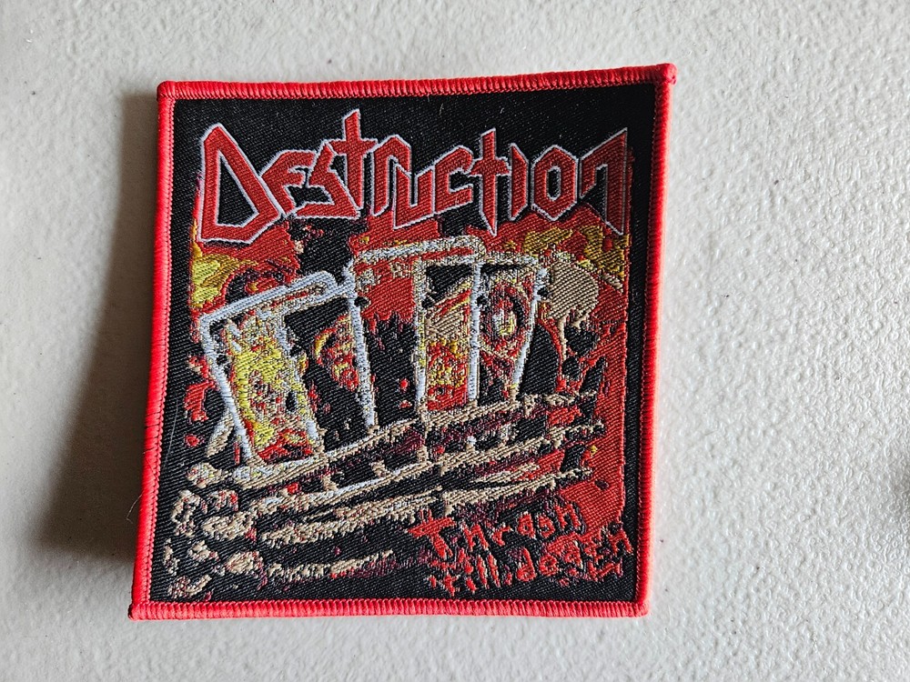 DESTRUCTION, SEW ON RED BORDER WOVEN PATCH