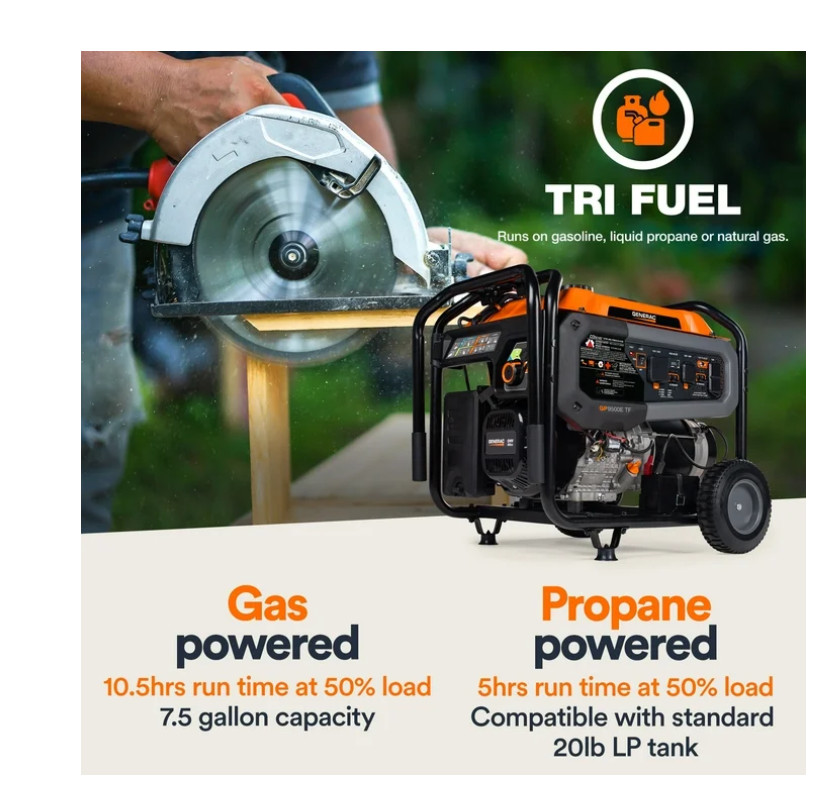 Generac GP9500E 9,500-Watt Tri Fuel Electric-Start Portable Generator with CO-Se