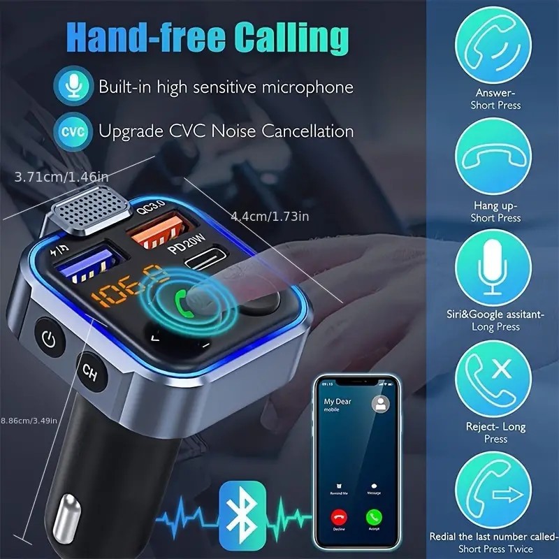 Bluetooth 5.0 Car Wireless FM Transmitter Adapter USB PD Charger AUX Hands-Free