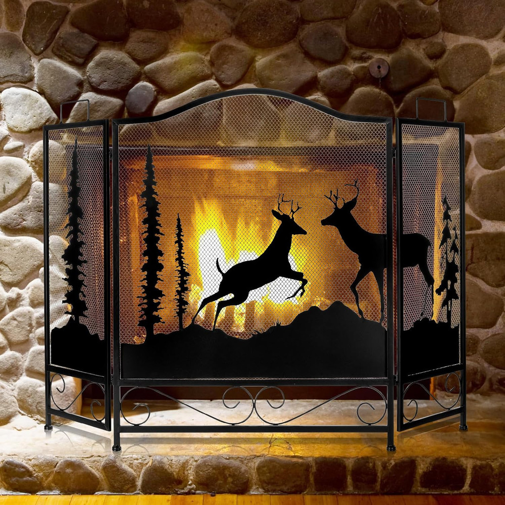 3 Panel Fireplace Screen with Deer Pattern, 47.6” X 30.7” Large Folding Fireplac