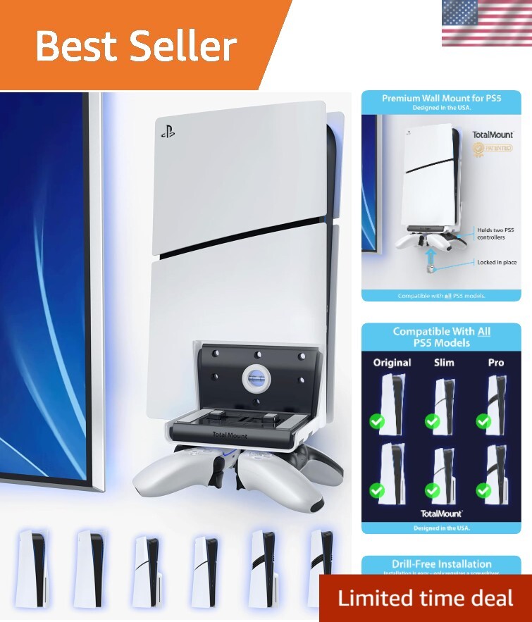 PS5 Universal Wall Mount with Controller Storage - Easy Drill-Free Installation