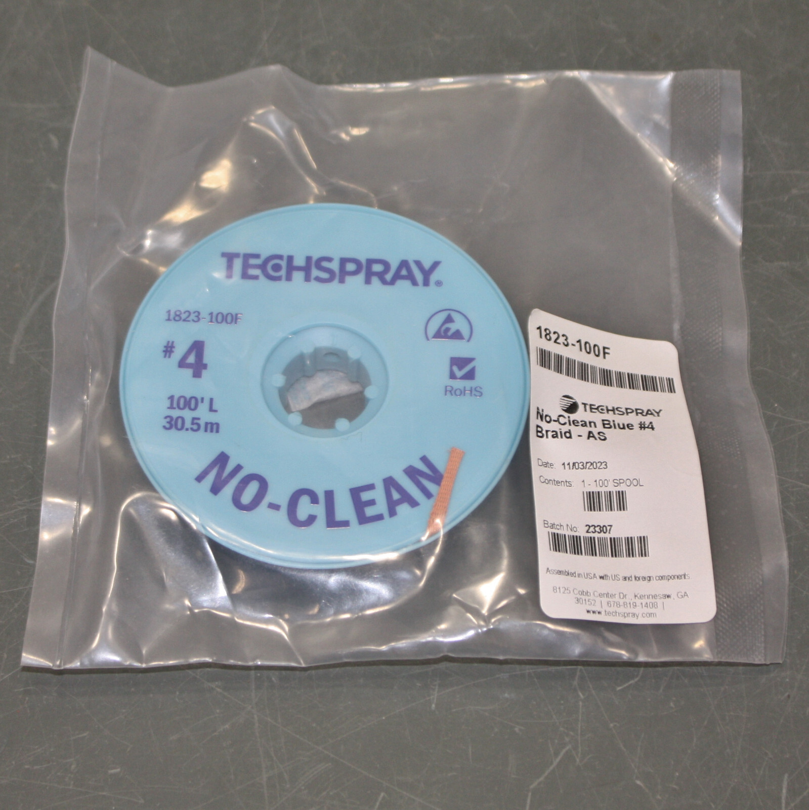 TechSpray No-Clean Desoldering Braid 1823-100F, #4 x 100ft, Blue, Flux Coated