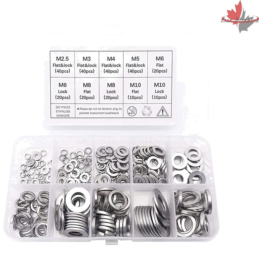 Assorted Flat & Lock Washer Set - 7 Sizes, Corrosion Resistant, Case - M2.5-M10
