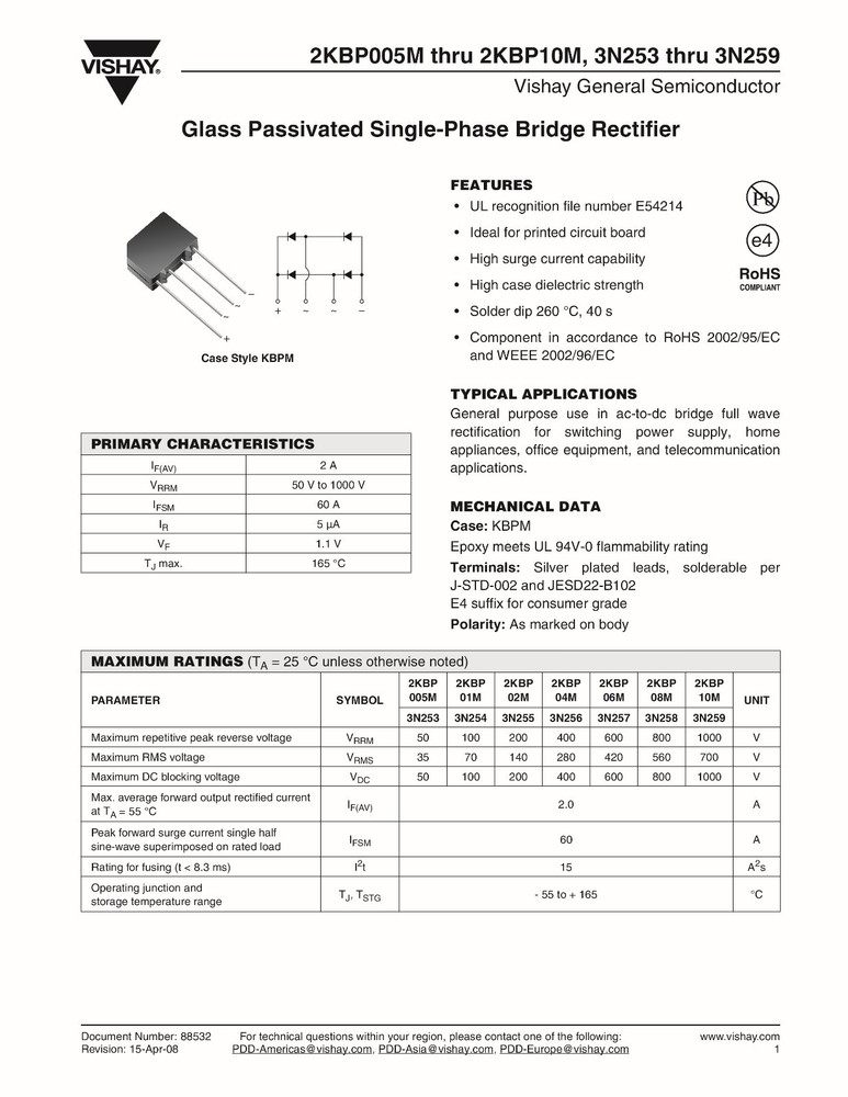 2 X 2 Amp 600 Volt Low Profile Bridge Rectifier - 600V 2A Inline Compact Diode