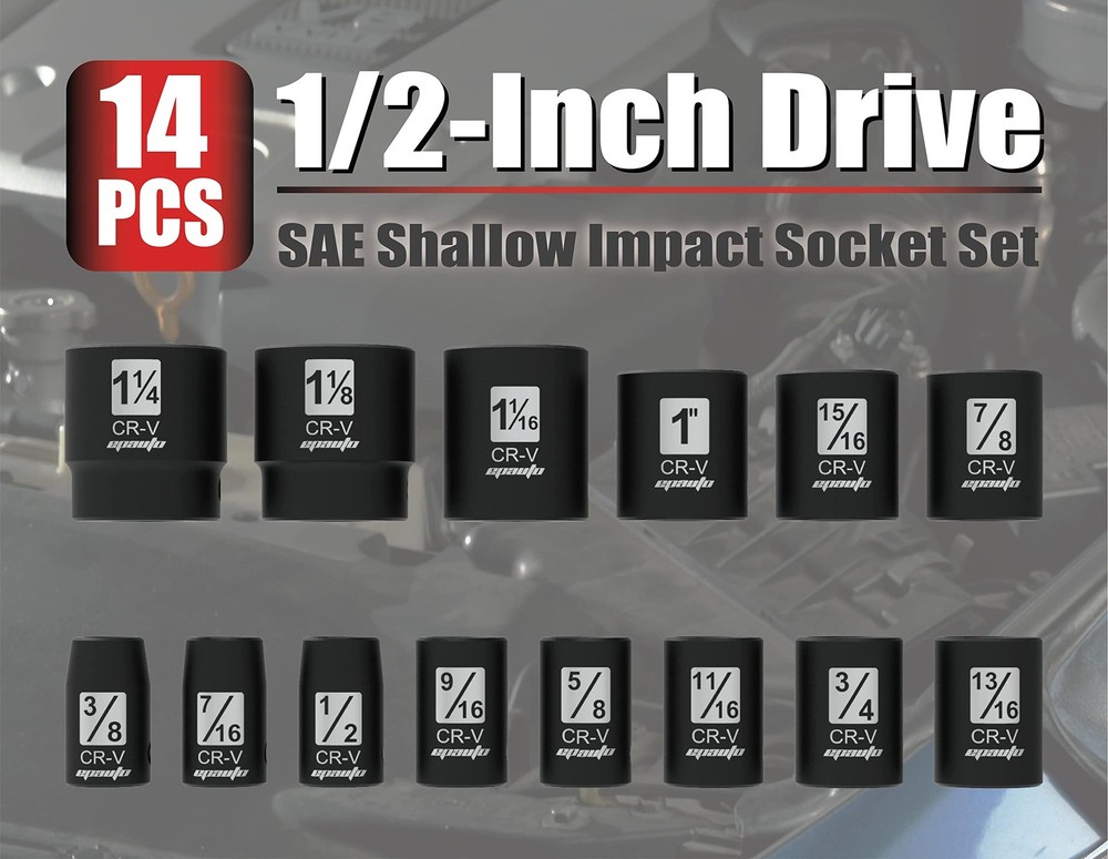 EPAuto 1/2-Inch Drive SAE Shallow Impact Socket Set, One Size, Blue/Black