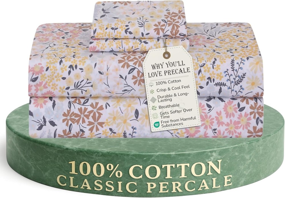 Feather & Stitch Softest 100% Cotton Sheets, 300 Thread Count Percale Weave B...